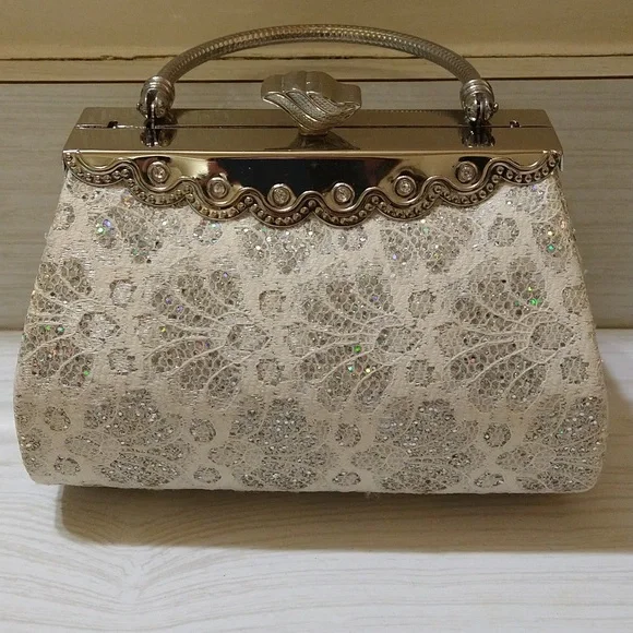 Wedding/Prom Clutch Bag with Corded White Lace, Rhinestones & Iridescent Sequins - Picture 2 of 8
